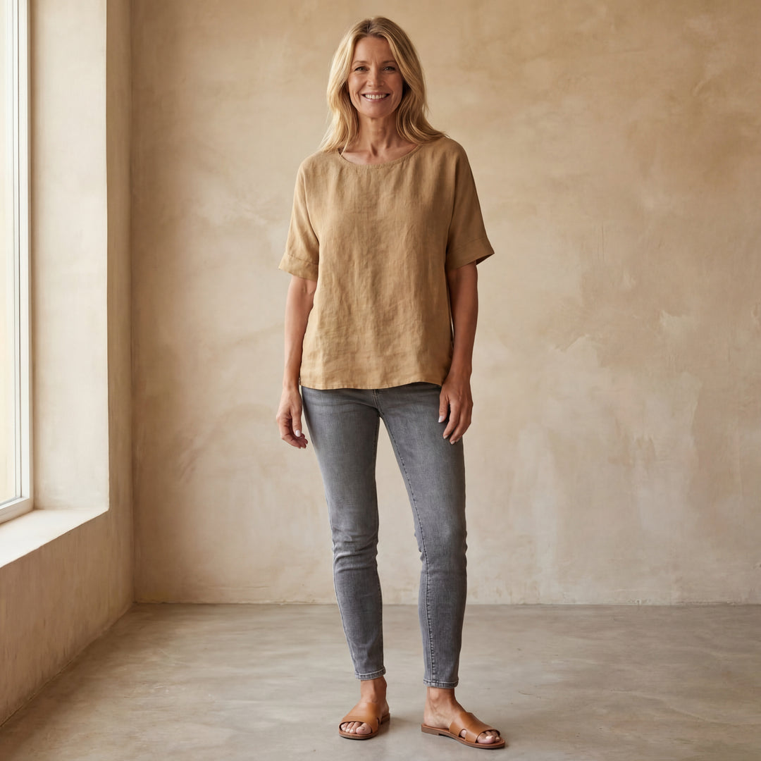 BAUA - Round Neck Cotton And Linen T-Shirt