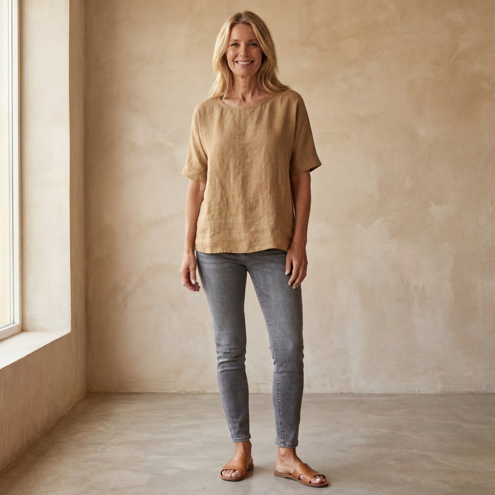 BAUA - Round Neck Cotton And Linen T-Shirt
